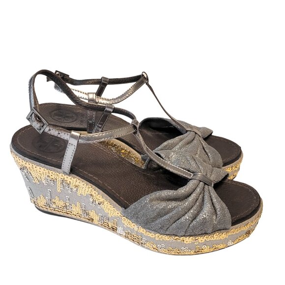 Tory Burch Declan 2 T Strap Sequin Wedges - Picture 3 of 10